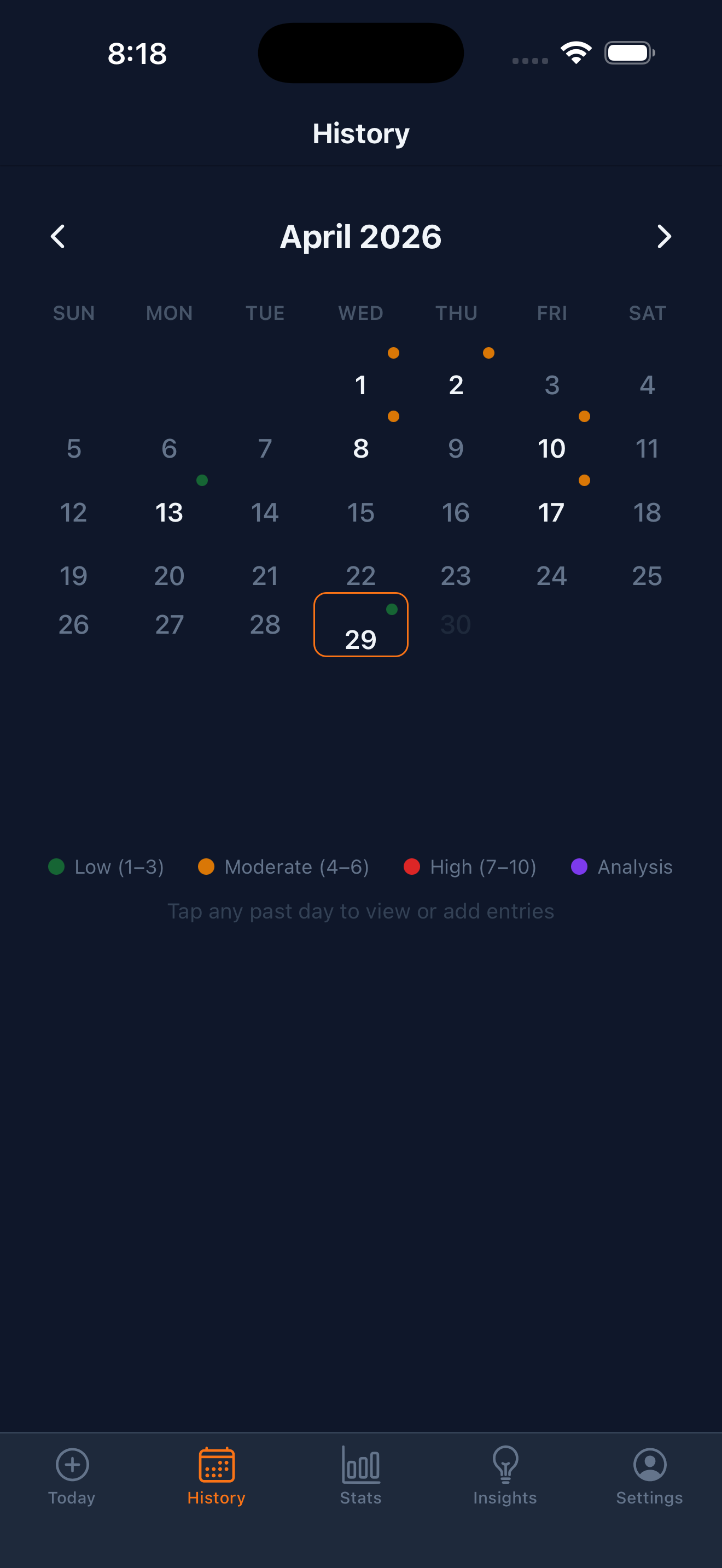 Calendar view with pain history