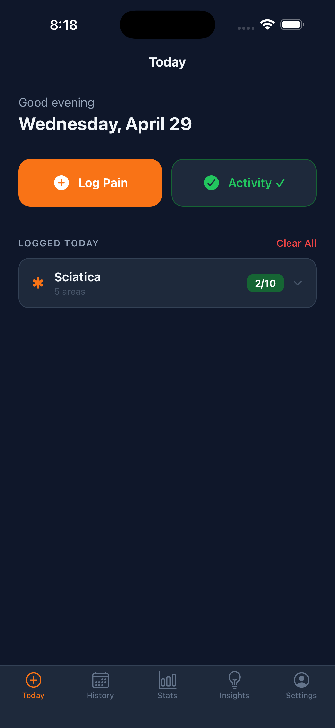 Today tab showing pain entries